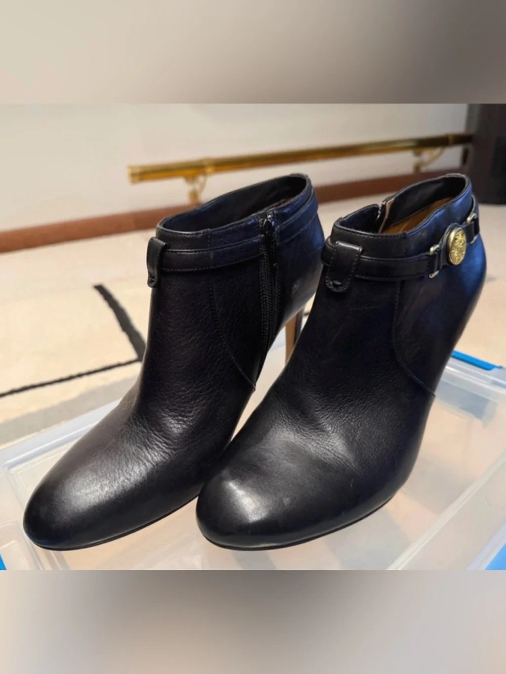 Coach Black Leather Ankle Booties with Gold Logo Strap